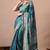 Women's teal zari woven stripes cotton silk blend saree with unstitched piece