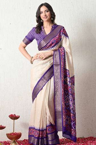 Women's off white ikkat print cotton silk blend saree with unstitched piece