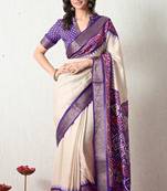 Women's off white ikkat print cotton silk blend saree with unstitched piece