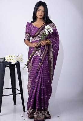 Women's purple zari woven stripes cotton silk blend saree with unstitched piece 1