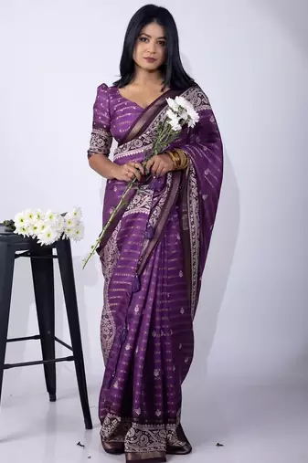 Women's purple zari woven stripes cotton silk blend saree with unstitched piece
