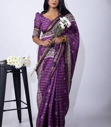 Women's purple zari woven stripes cotton silk blend saree with unstitched piece