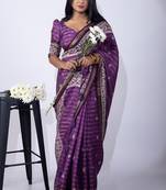Women's purple zari woven stripes cotton silk blend saree with unstitched piece