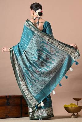 Women's teal zari woven stripes cotton silk blend saree with unstitched piece 4