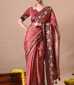 Women's coral zari woven stripes cotton silk blend saree with unstitched piece