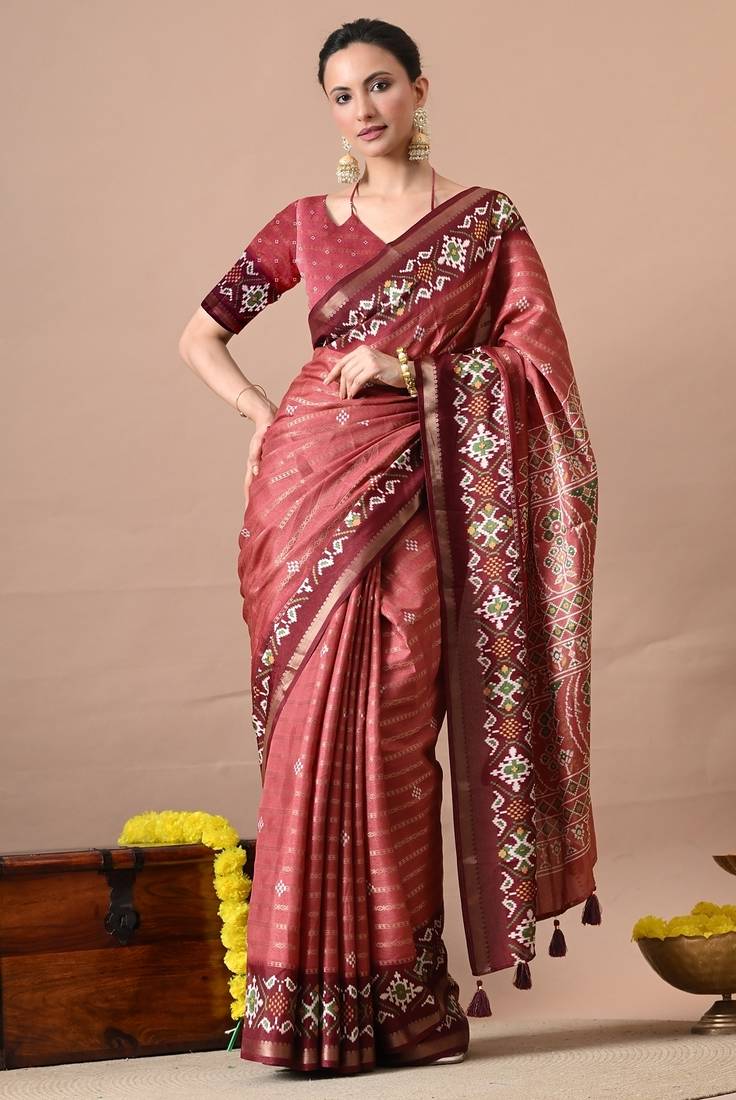 Women's coral zari woven stripes cotton silk blend saree with unstitched piece