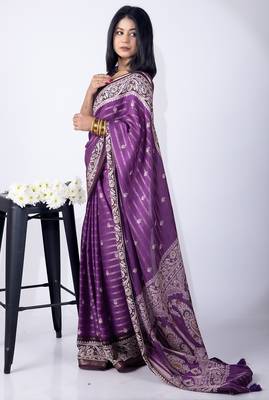 Women's purple zari woven stripes cotton silk blend saree with unstitched piece 2