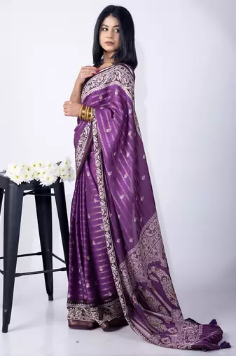 Women's purple zari woven stripes cotton silk blend saree with unstitched piece