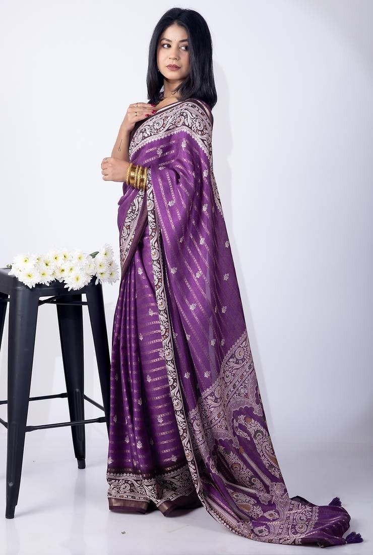 Women's purple zari woven stripes cotton silk blend saree with unstitched piece