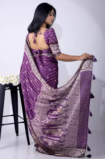 Women's purple zari woven stripes cotton silk blend saree with unstitched piece