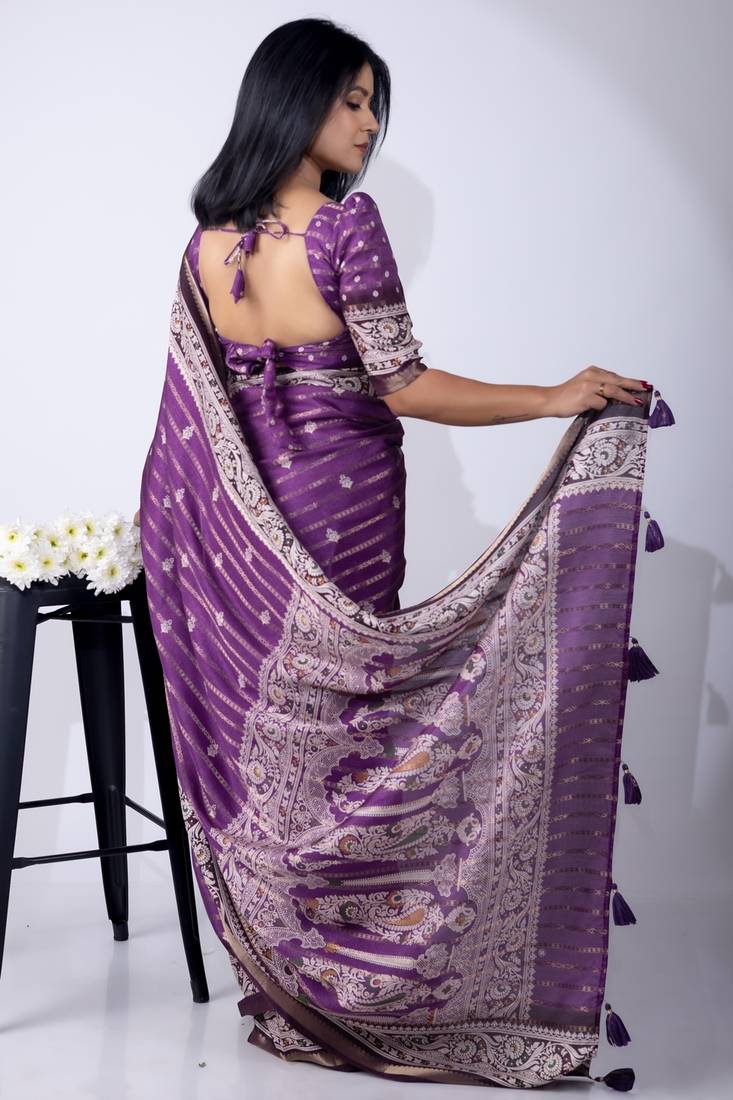 Women's purple zari woven stripes cotton silk blend saree with unstitched piece