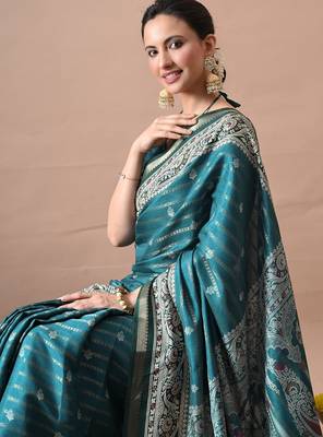 Women's teal zari woven stripes cotton silk blend saree with unstitched piece 5