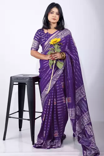Women's blue zari woven stripes cotton silk blend saree with unstitched piece