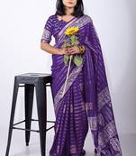 Women's blue zari woven stripes cotton silk blend saree with unstitched piece