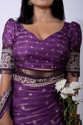 Women's purple zari woven stripes cotton silk blend saree with unstitched piece 4