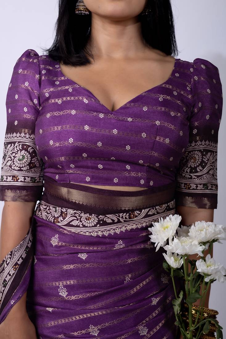 Women's purple zari woven stripes cotton silk blend saree with unstitched piece