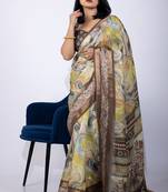 Women's green geometric print cotton silk blend saree with unstitched piece