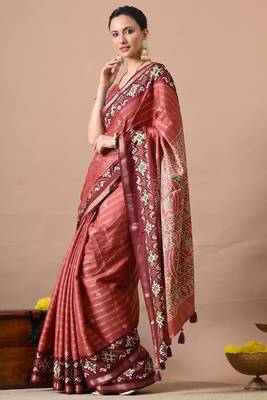 Women's coral zari woven stripes cotton silk blend saree with unstitched piece 3
