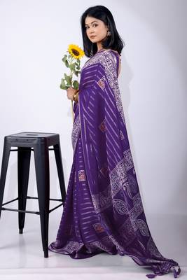 Women's blue zari woven stripes cotton silk blend saree with unstitched piece 2