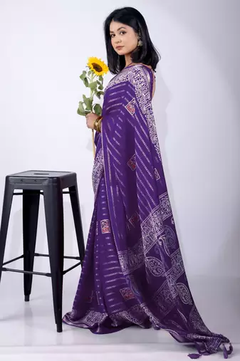 Women's blue zari woven stripes cotton silk blend saree with unstitched piece