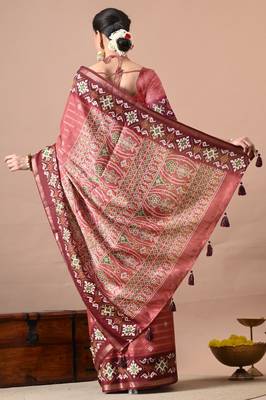 Women's coral zari woven stripes cotton silk blend saree with unstitched piece 4