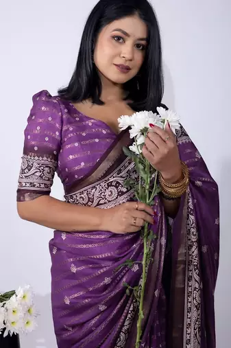 Women's purple zari woven stripes cotton silk blend saree with unstitched piece
