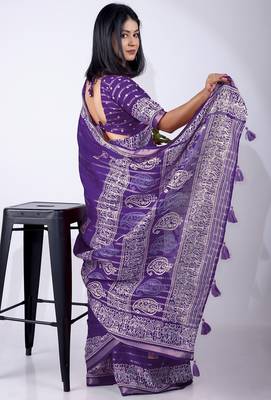 Women's blue zari woven stripes cotton silk blend saree with unstitched piece 3