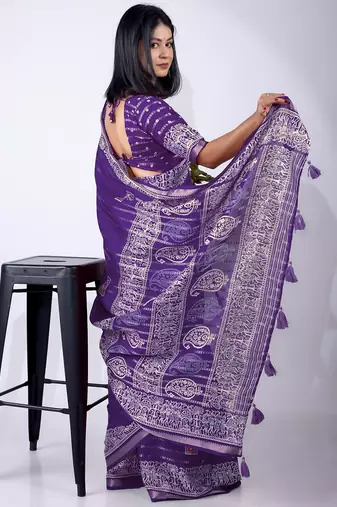 Women's blue zari woven stripes cotton silk blend saree with unstitched piece
