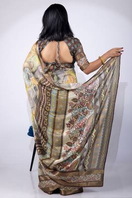 Women's green geometric print cotton silk blend saree with unstitched piece 4