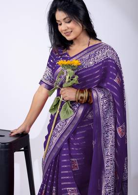 Women's blue zari woven stripes cotton silk blend saree with unstitched piece 5