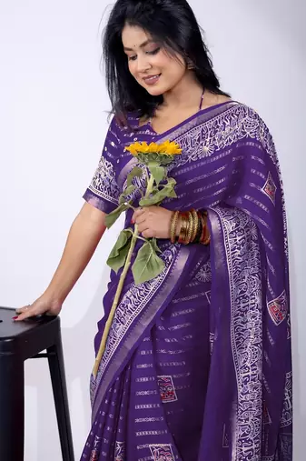 Women's blue zari woven stripes cotton silk blend saree with unstitched piece