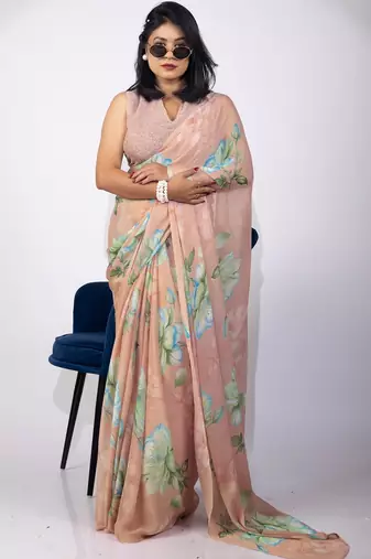 Women's peach floral print chiffon saree with unstitched piece