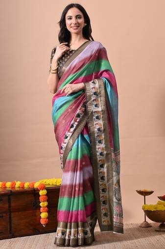 Women's multicolor stripes print cotton silk blend saree with unstitched piece