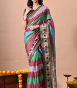 Women's multicolor stripes print cotton silk blend saree with unstitched piece