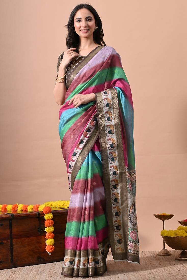 Women's multicolor stripes print cotton silk blend saree with unstitched piece