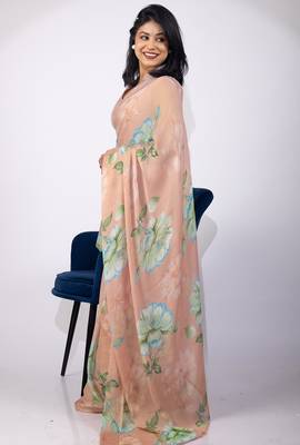 Women's peach floral print chiffon saree with unstitched piece 2