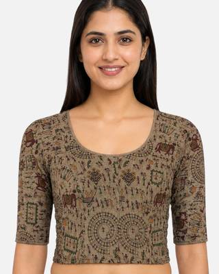 Khaki warli printed inner cotton lining side (smocked) stretchable top readymade saree blouse 1