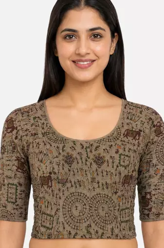 Khaki warli printed inner cotton lining side (smocked) stretchable top readymade saree blouse