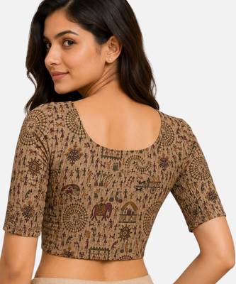 Khaki warli printed inner cotton lining side (smocked) stretchable top readymade saree blouse 2
