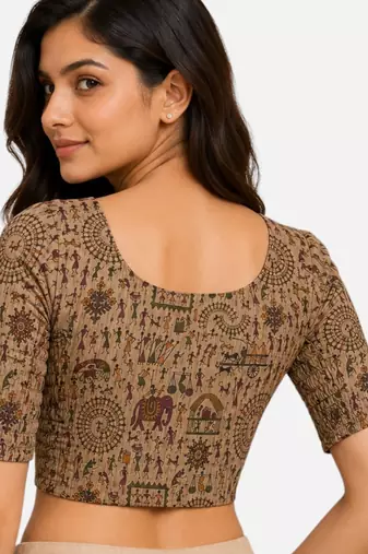 Khaki warli printed inner cotton lining side (smocked) stretchable top readymade saree blouse