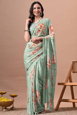 Women's green floral print chiffon saree with unstitched piece 1