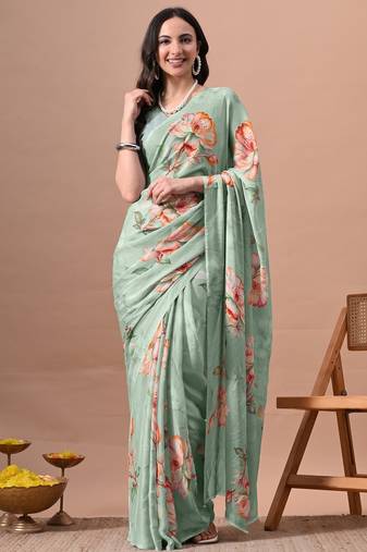 Women's green floral print chiffon saree with unstitched piece