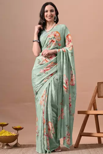 Women's green floral print chiffon saree with unstitched piece
