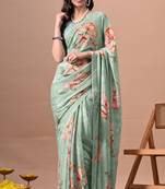 Women's green floral print chiffon saree with unstitched piece