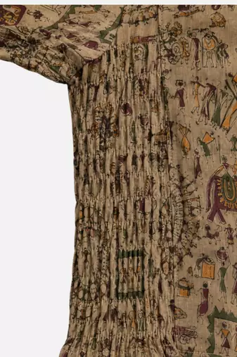 Khaki warli printed inner cotton lining side (smocked) stretchable top readymade saree blouse