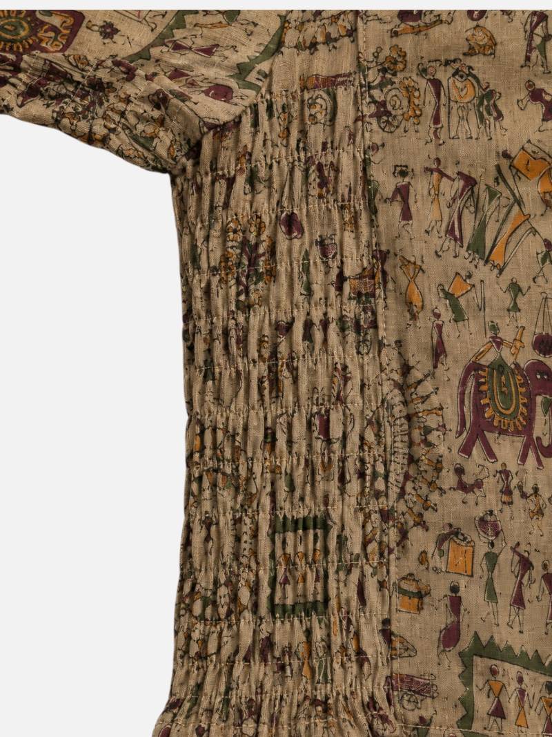 Khaki warli printed inner cotton lining side (smocked) stretchable top readymade saree blouse