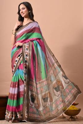 Women's multicolor stripes print cotton silk blend saree with unstitched piece 3