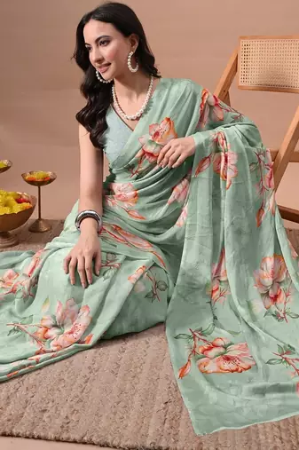 Women's green floral print chiffon saree with unstitched piece