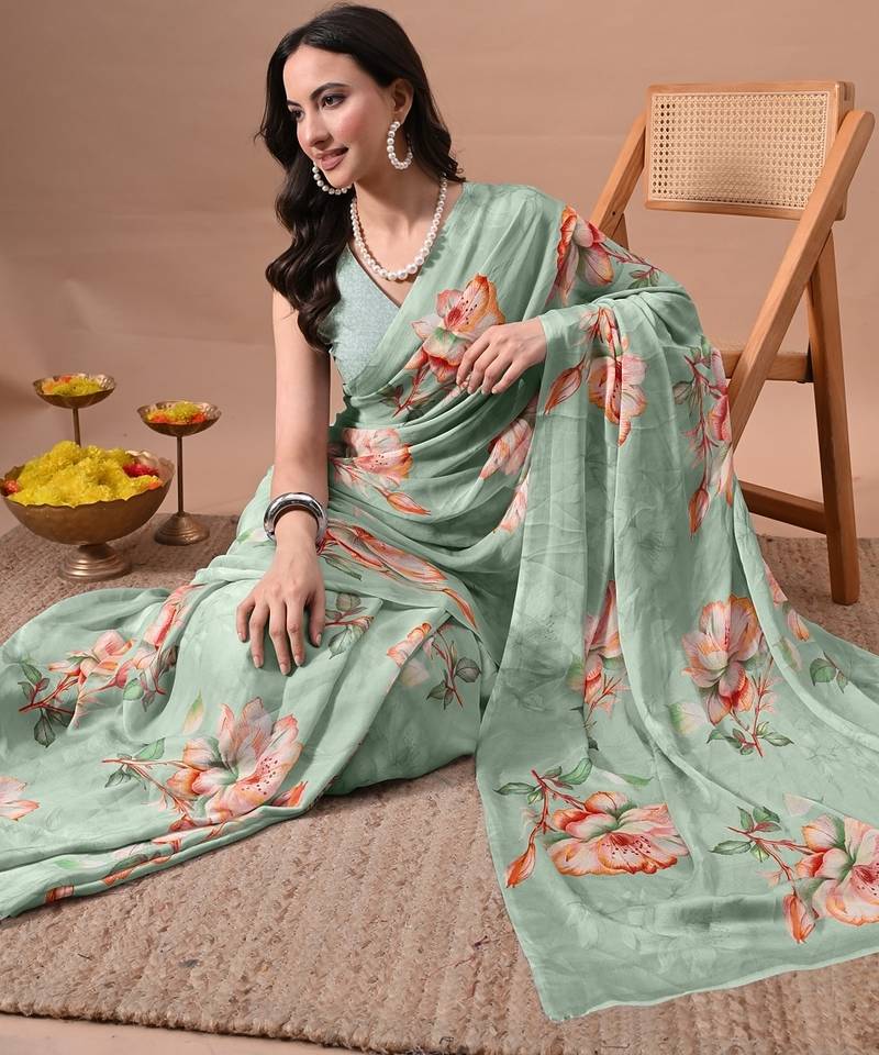 Women's green floral print chiffon saree with unstitched piece