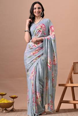 Women's grey floral print chiffon saree with unstitched piece 1